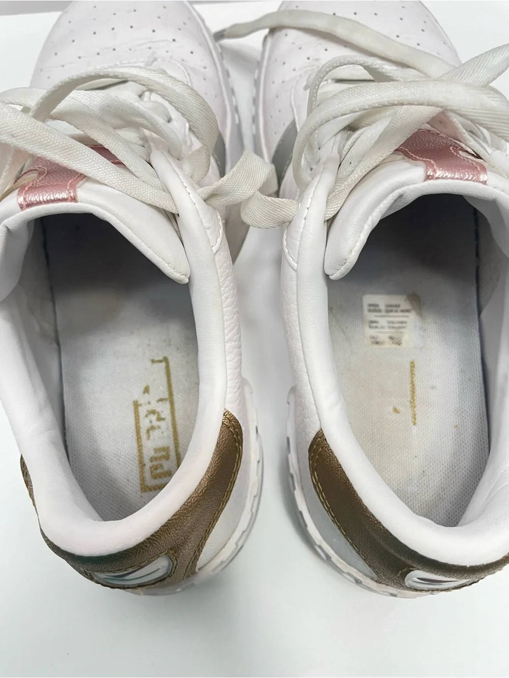 Women’s 7.5 Puma Cali Hacked White with gold and silver accents